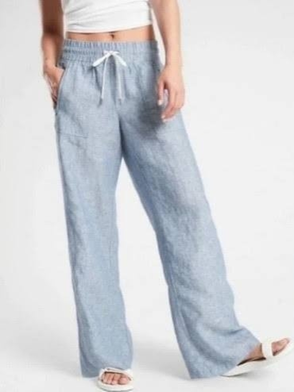 Athleta Cabbo Light Blue Wide Leg Linen Pull On Pants Zip Pockets